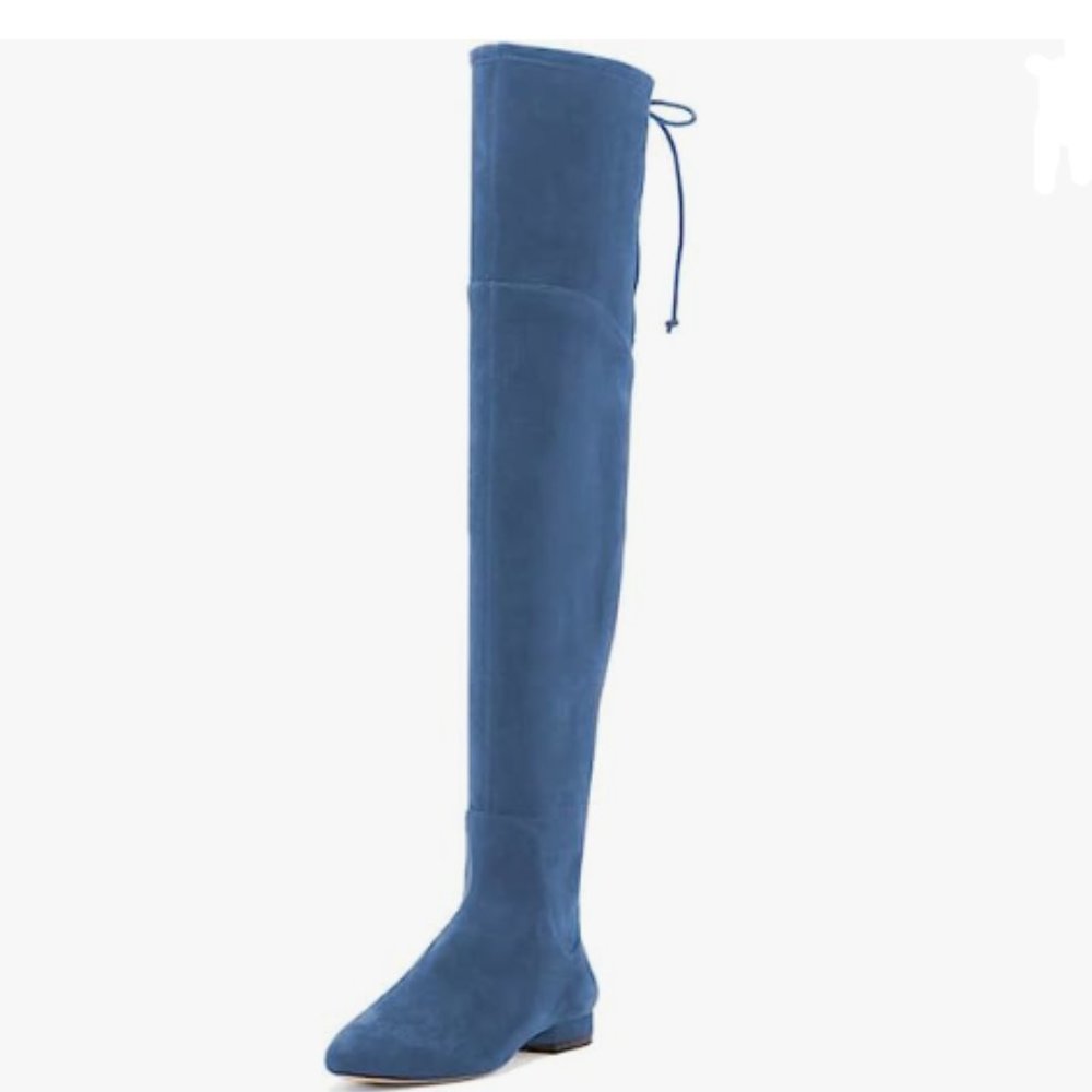 YDN Blue Sexy Closed Toe Lace Up Thigh High Low Heel Dress Over The Knee Boots